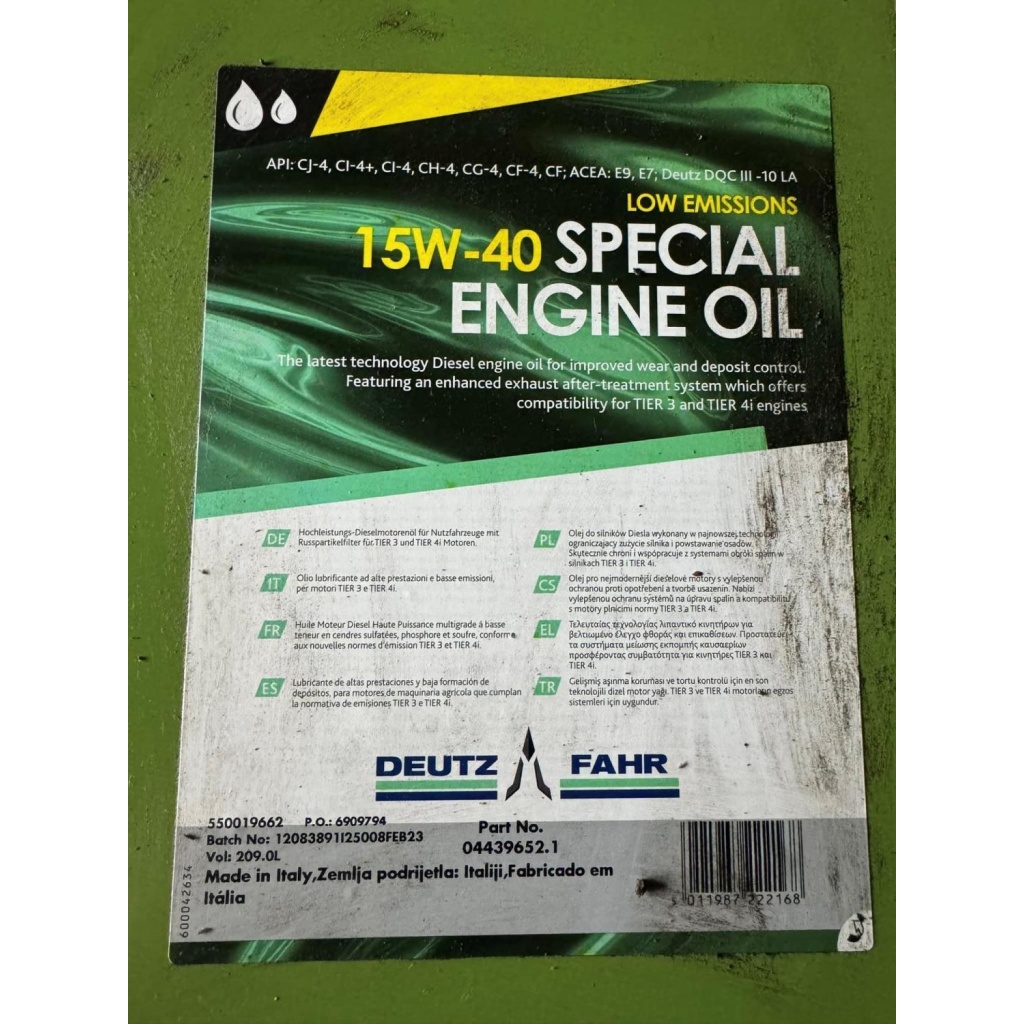 DEUTZ 15W-40 SPECIAL ENGINE OIL 209L FAT